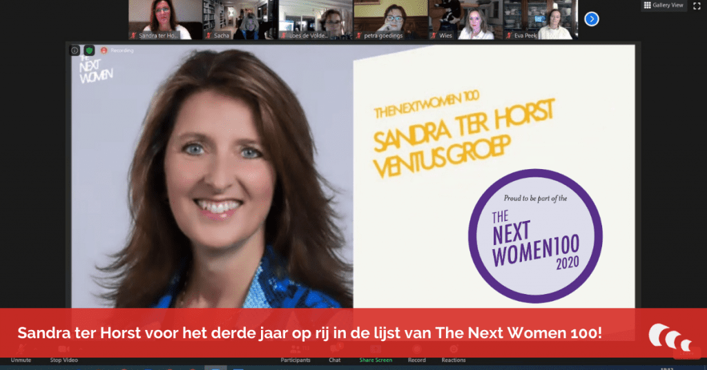 Via een zoommeeting wordt bekend gemaakt dat Sandra ter Horst voor de derde keer op rij in the next women 100 lijst is gekomen.