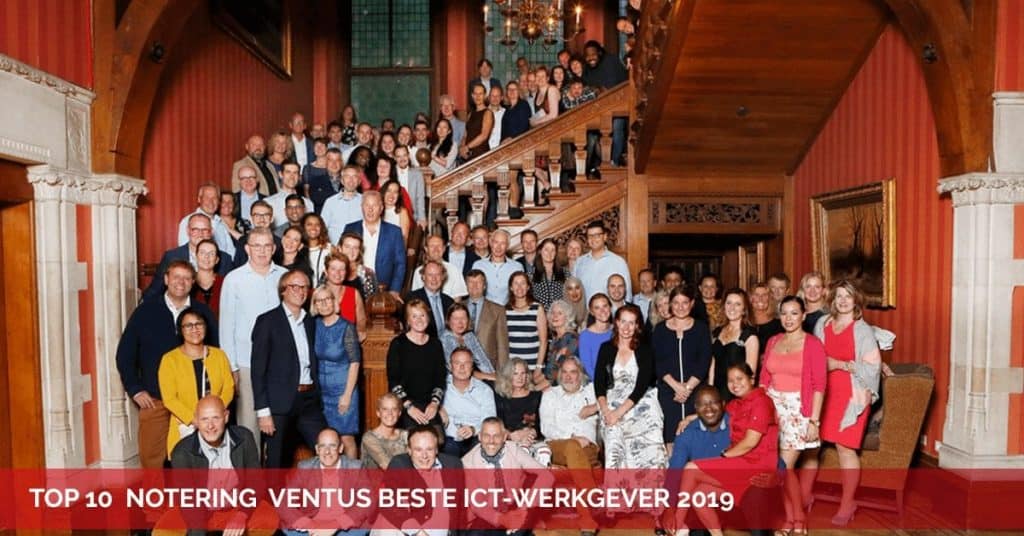 Groepsfoto van alle medewerkers en hun partners van Ventus Groep