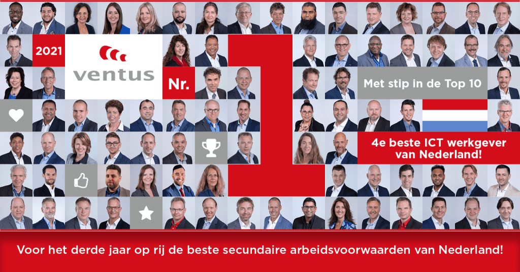 Portretfoto's van Ventus collega's verzameld in één foto waar de nummer één klassering beste secundaire arbeidsvoorwaarden wordt gevierd.