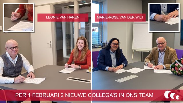Contractondertekening tussen Jeroen Bijl, Leonie van Haren en Marie-Rose van der Wilt.