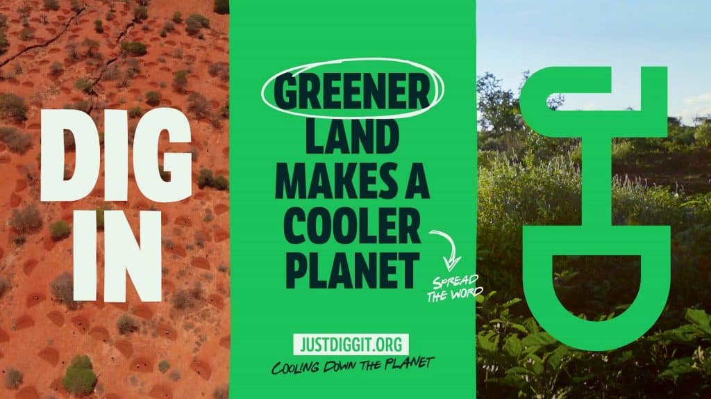 Afbeelding van verschillende bunds en de tekst Greener land makes a cooler planet