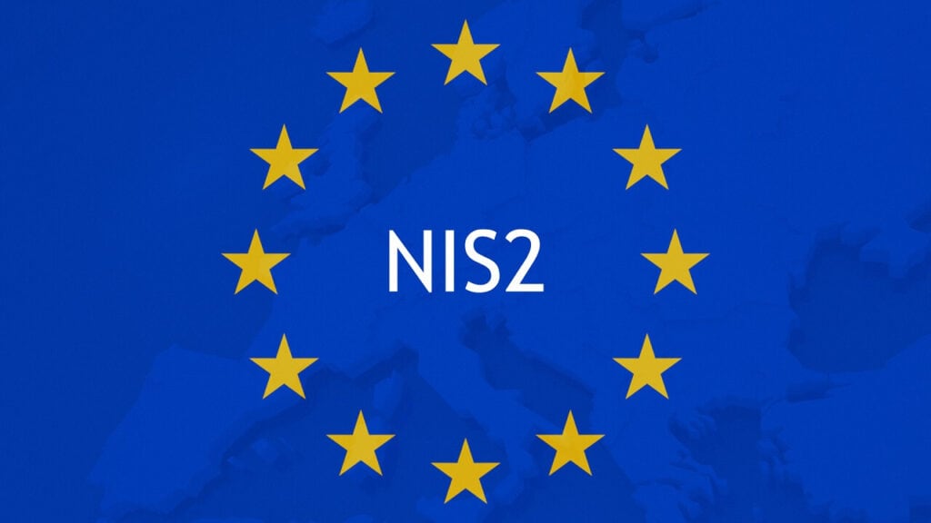 Het logo van NIS2. 12 gele sterren rondom het woord NIS2.