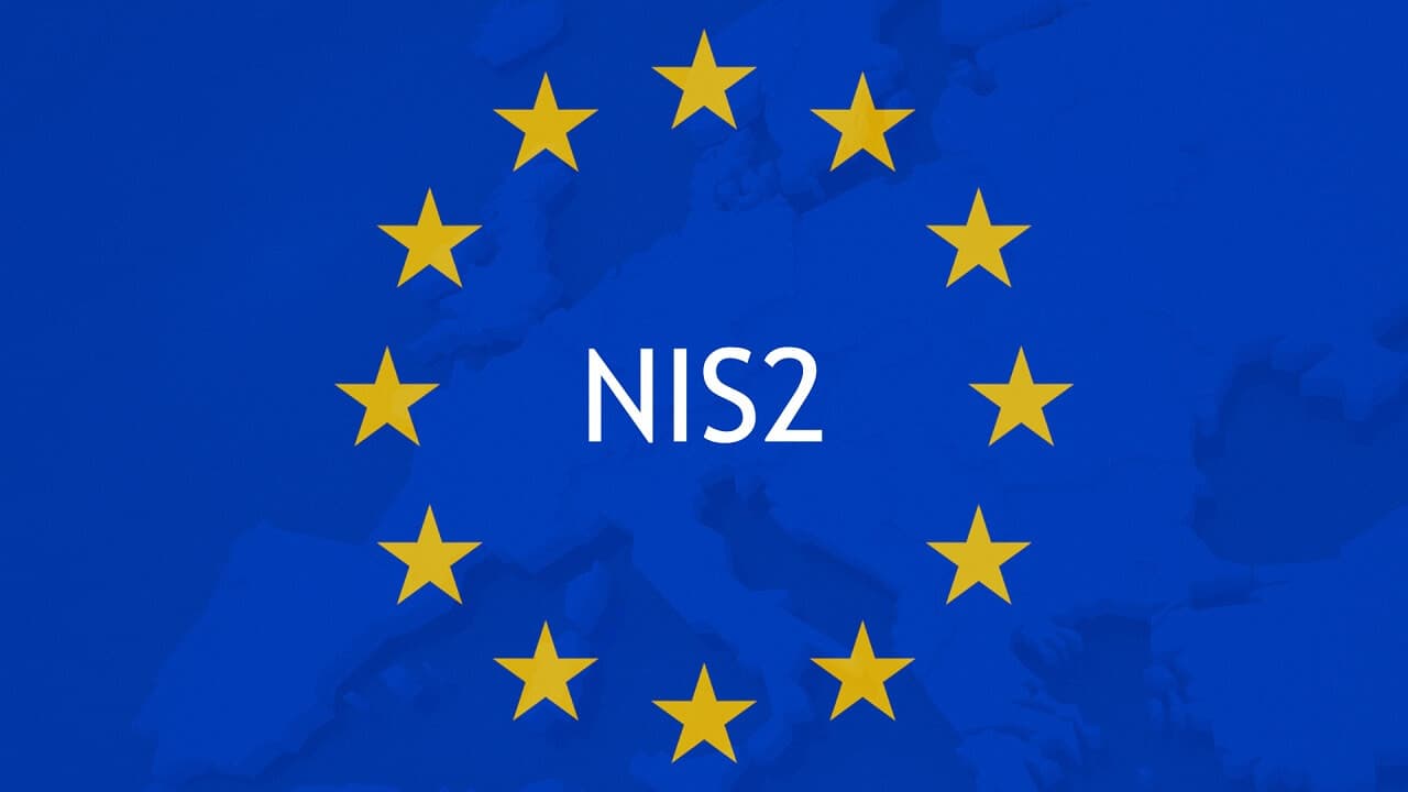 Het logo van NIS2. 12 gele sterren rondom het woord NIS2.
