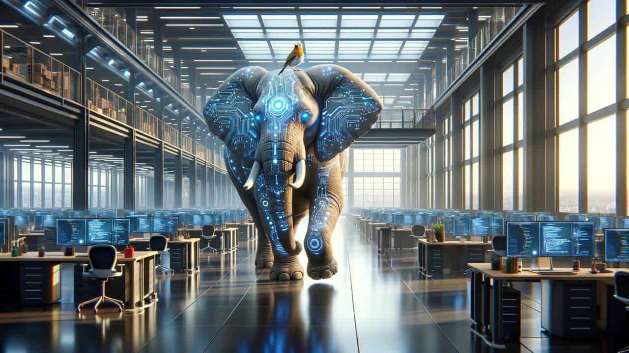 Een olifant met een vogel op zijn kop lopend door kantoor, gegenereerd door AI.