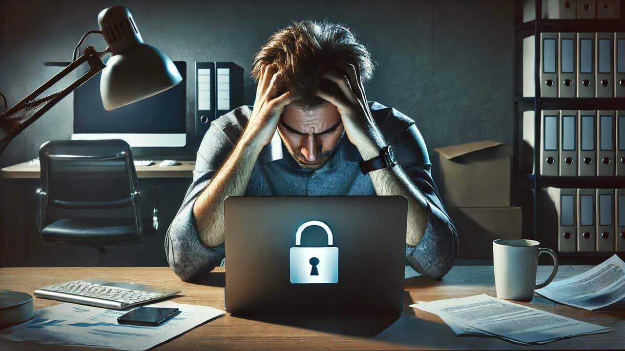 Een man met zijn handen in het haar achter een laptop die slachtoffer is geworden van datalekken.