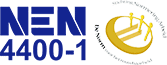 Blue wordmark logo on the left beside a gold circular emblem with a crown on the right.