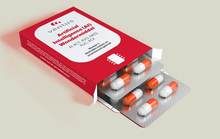 AI wondermiddel - Ventus - Ventus Red medication box labeled Artificial Intelligence (AI) with white text and blister packs of orange-and-white capsules partially exposed, conveying AI-themed pharma packaging.