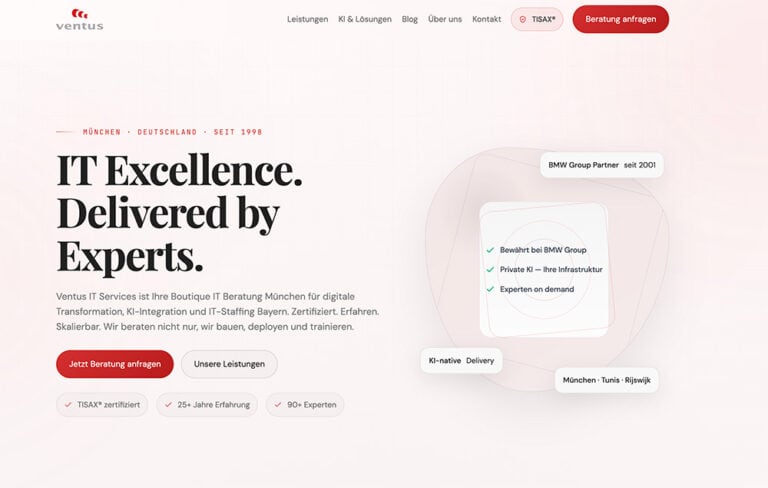 Ventus DE - Ventus Hero section with bold headline “IT Excellence. Delivered by Experts.” and a short descriptive paragraph about Ventus IT Services; features a red primary CTA and a light, airy background.